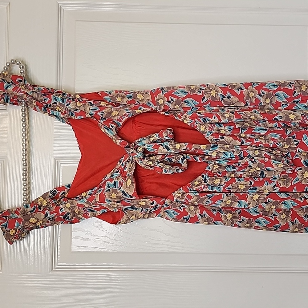& Merci Floral Wide Ruffle Straps Flowy Wide Leg Pants Back Cutout Elastic Tie - Picture 7 of 15